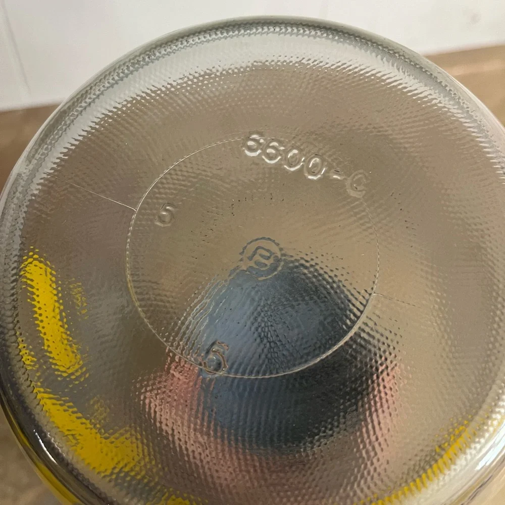 Vintage Clear Glass Snack Jar with Yellow Lettering and Light Blue Lid